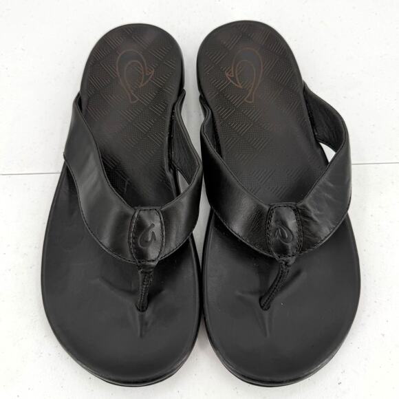 NEW OluKai Men's Auinala Black Leather Flip-Flop Sandals Size 10 - Picture 1 of 8